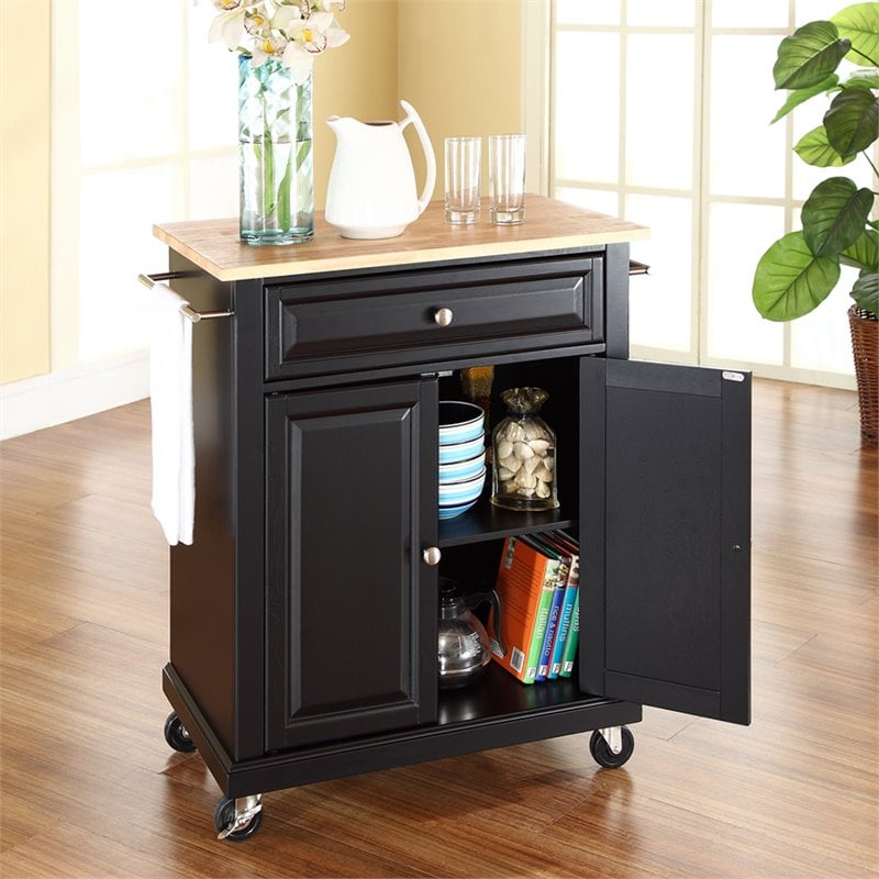 Crosley Furniture Natural Wood Top Portable Kitchen Cart in Black
