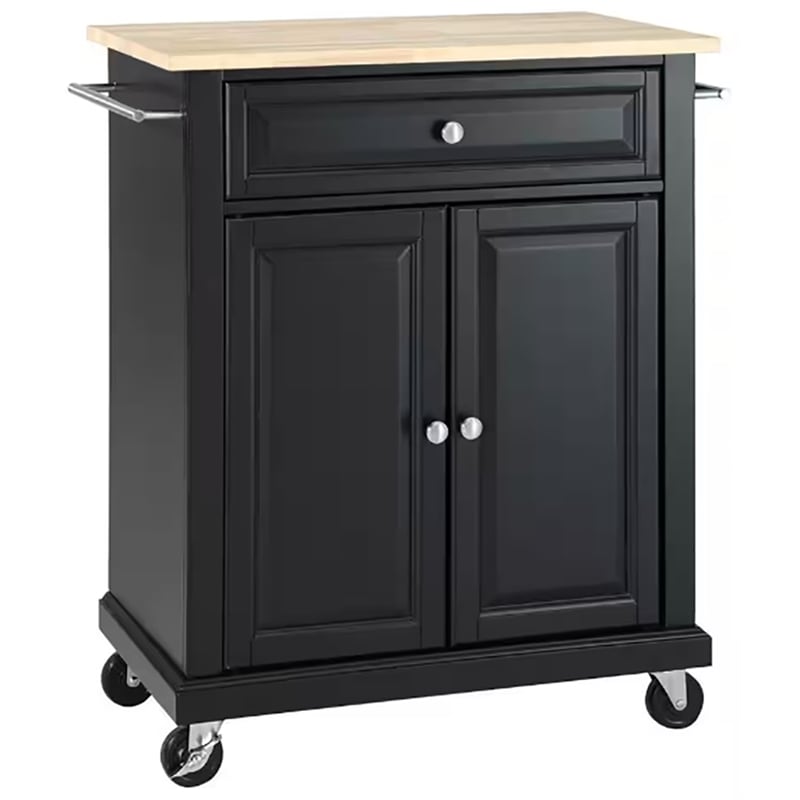 Crosley Furniture Natural Wood Top Portable Kitchen Cart in Black