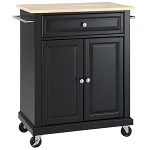 Crosley Furniture Natural Wood Top Portable Kitchen Cart in Black