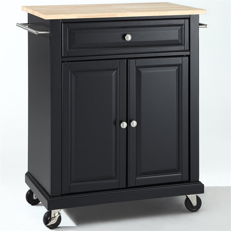 Crosley Furniture Natural Wood Top Portable Kitchen Cart in Black