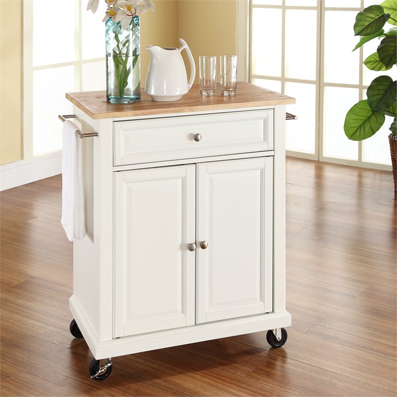 Crosley Furniture Natural Wood Top Portable Kitchen Cart in White
