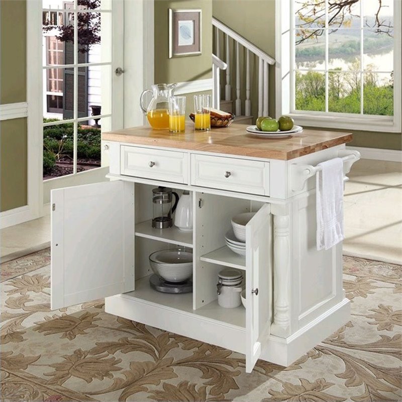 Crosley Furniture Oxford Wood Butcher Block Top Kitchen Island in White