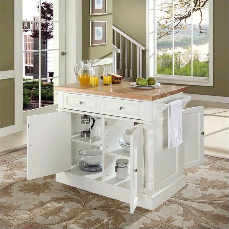 Crosley Furniture Oxford Wood Butcher Block Top Kitchen Island in White