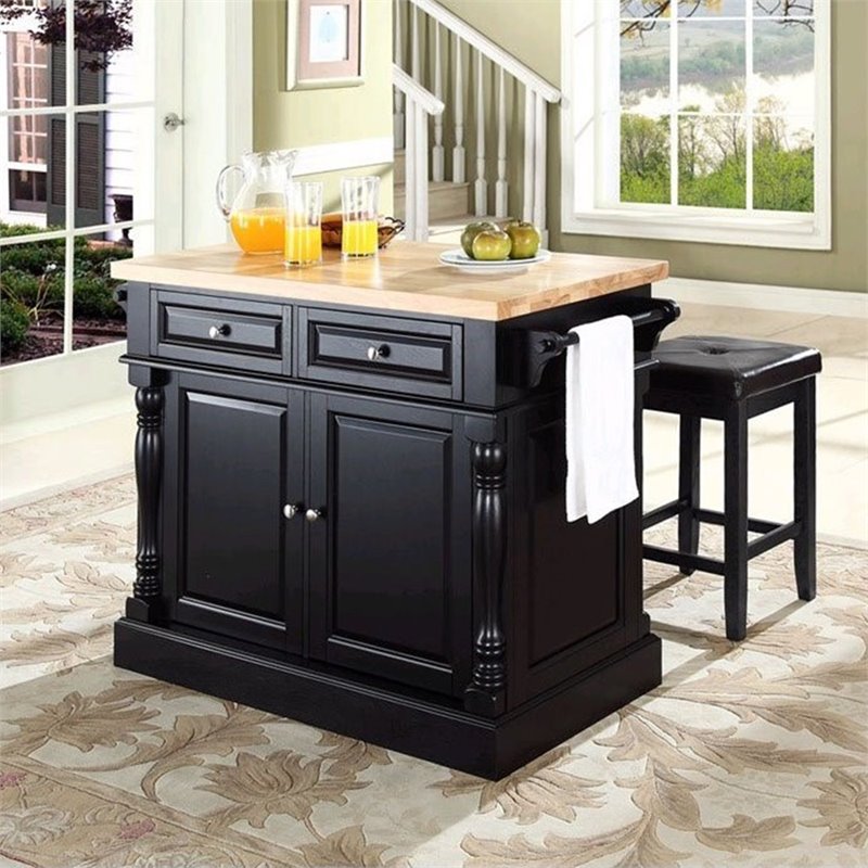 Crosley Furniture Oxford Wood Kitchen Island with Square Stools in Black