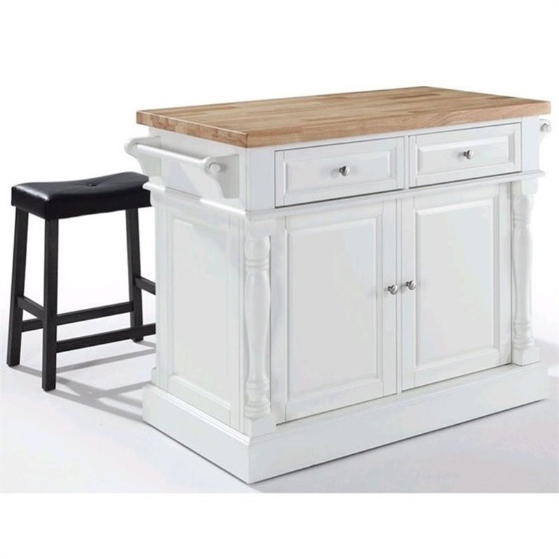 Crosley Furniture Oxford Wood Kitchen Island with Saddle Stools in White