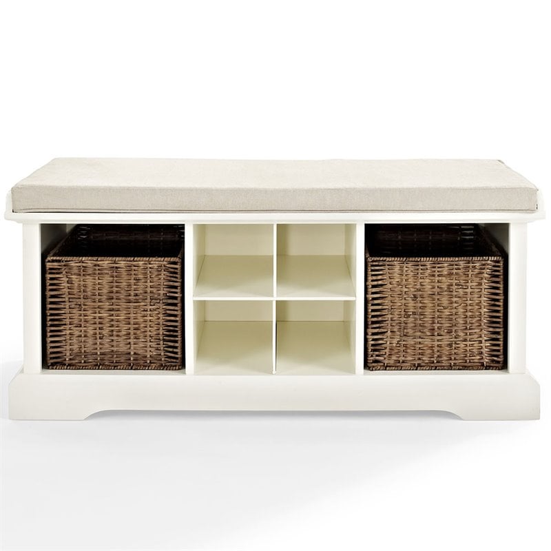Crosley Furniture Brennan Wood Storage Entryway Bench with Baskets in White