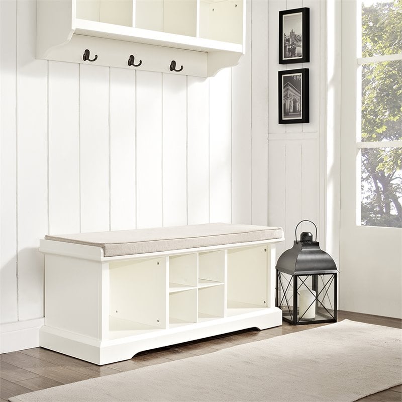 Crosley Furniture Brennan Wood Storage Entryway Bench with Baskets in White