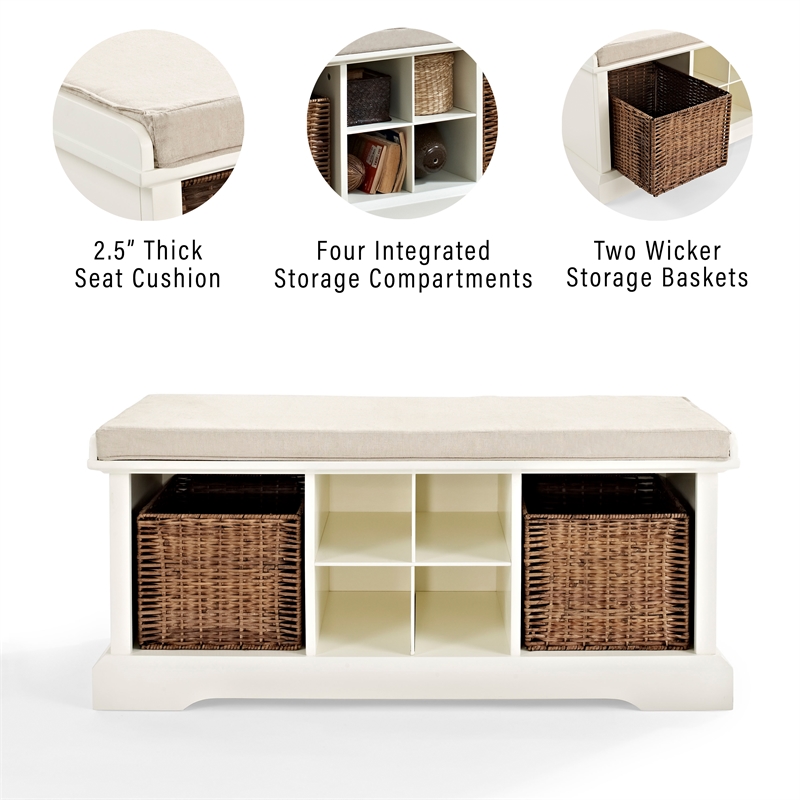 Crosley Furniture Brennan Wood Storage Entryway Bench with Baskets in White