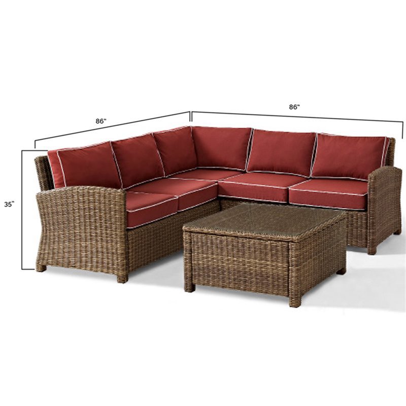 Crosley Furniture Bradenton 4 Piece Fabric Patio Sectional Set in Sangria Red