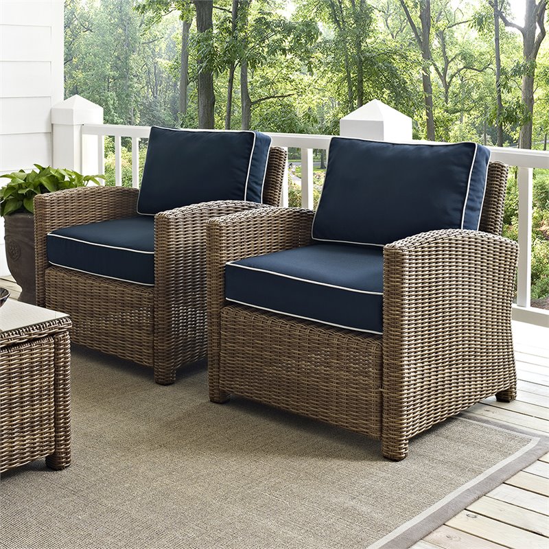 Crosley Furniture Bradenton Fabric Patio Chair in Brown and Navy (Set of 2)