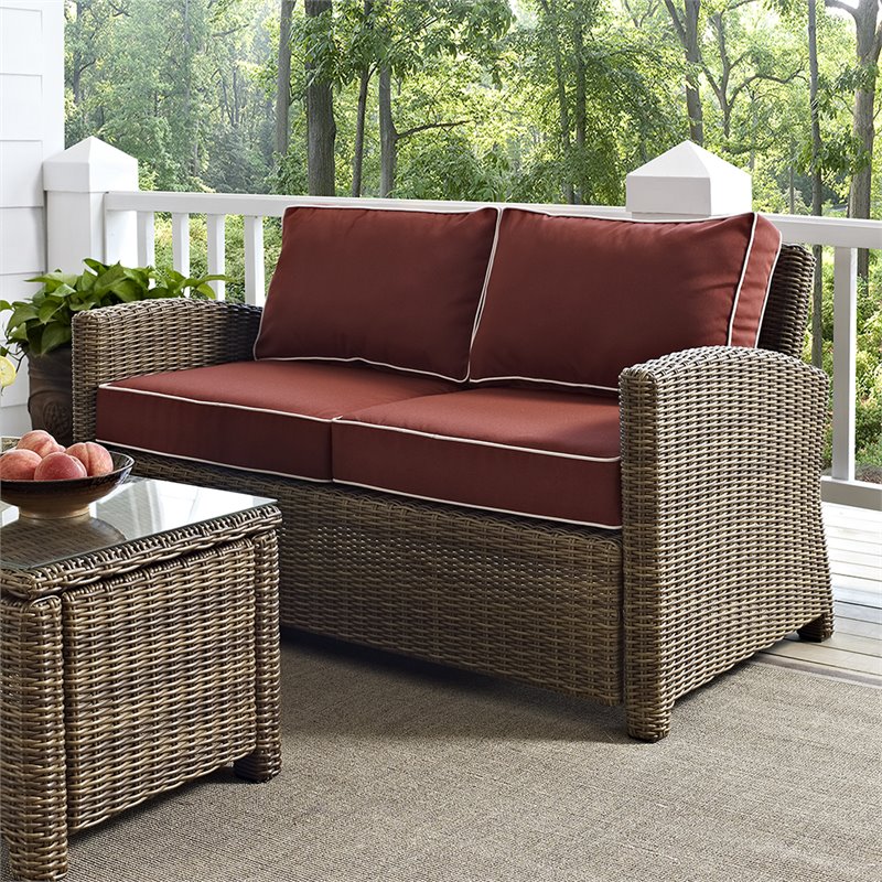 Crosley Furniture Bradenton Fabric Patio Loveseat in Brown and Sangria Red