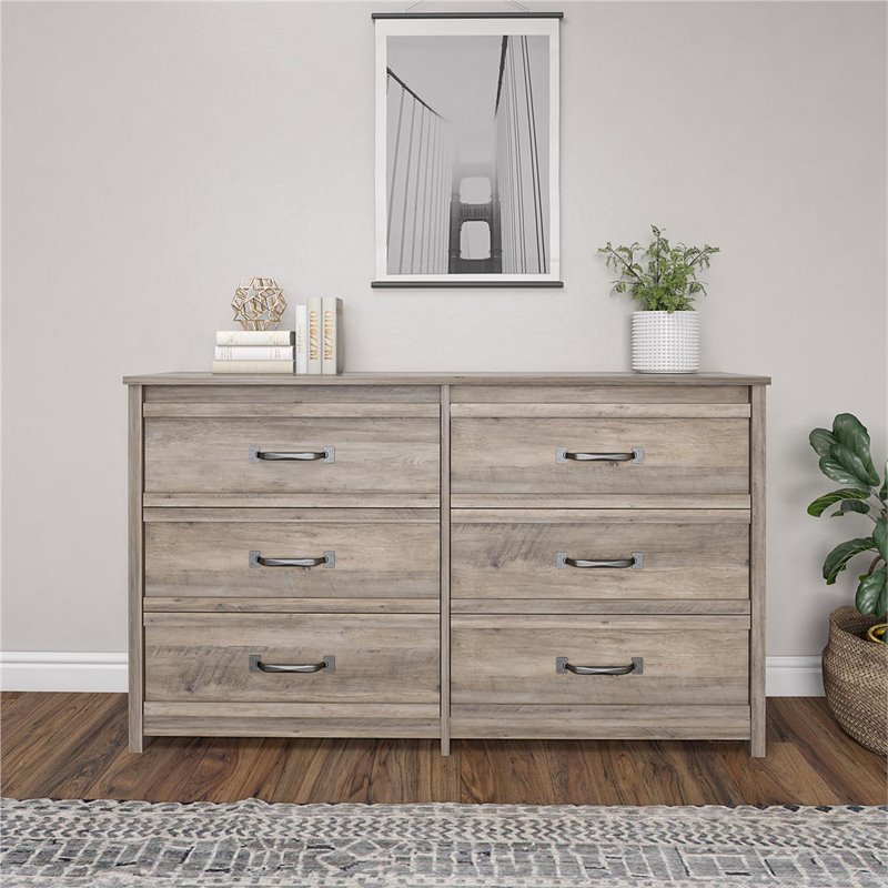 Ameriwood Home Engineered Wood Bassinger 6 Drawer Dresser in Gray Oak
