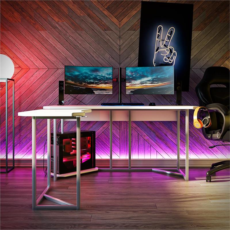 NTense Quest Gaming L Desk with CPU Stand in White