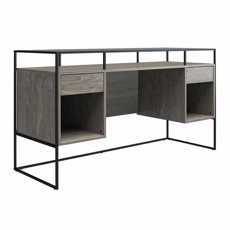 Ameriwood Home Camley Desk with Glass Top in 2 Drawers and Storage in Gray Oak