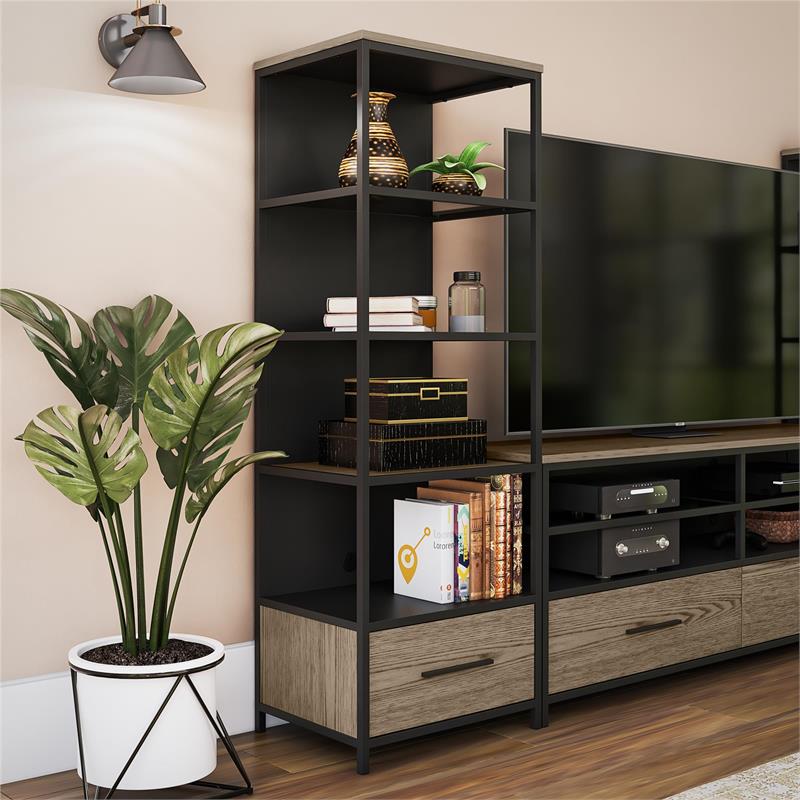 Ameriwood Home Structure Audio Pier in Sterling Oak Wood Veneer with Black Metal