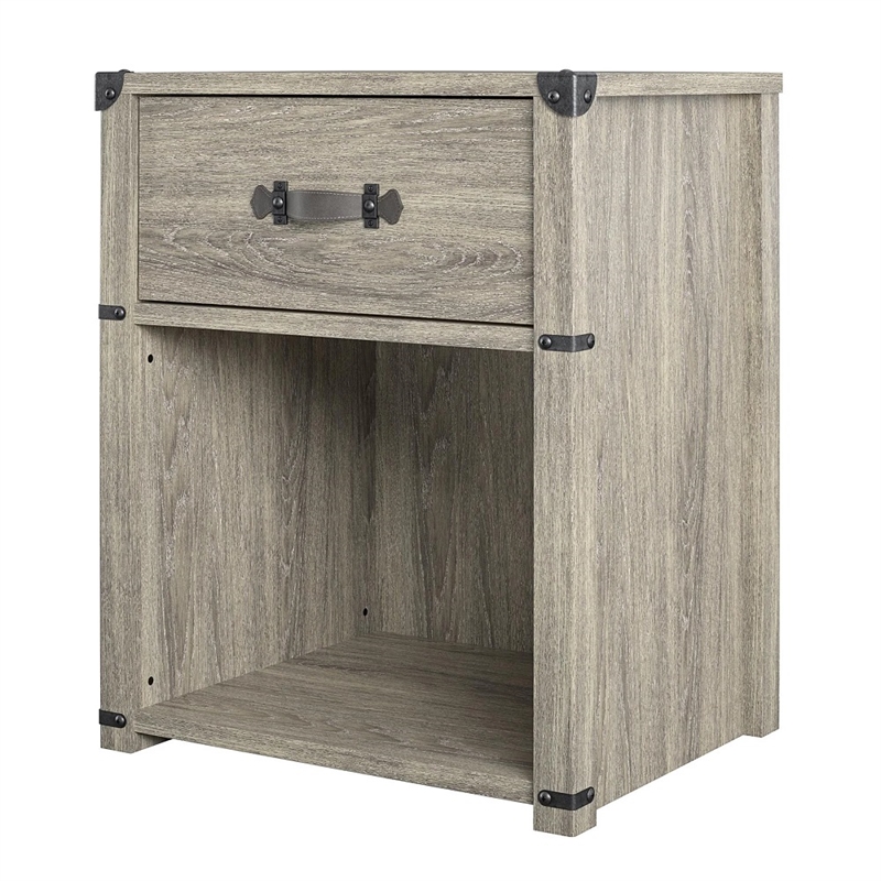 Little Seeds 1-Drawer Nightstand with Leather Drawer Pull in Gray Oak