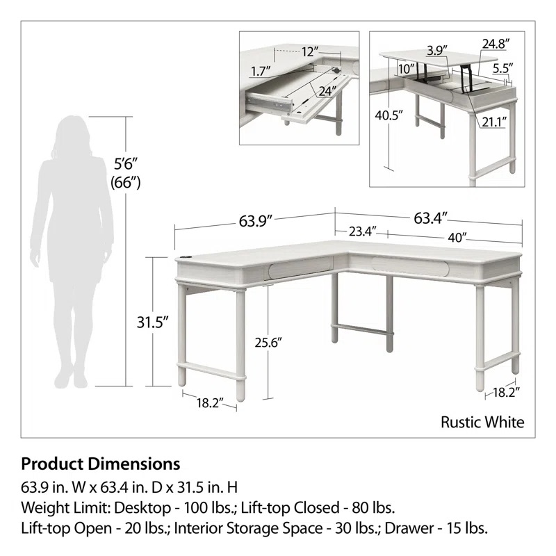 CosmoLiving by Cosmopolitan Selena Lift-Top L-Shape Computer Desk - Rustic White