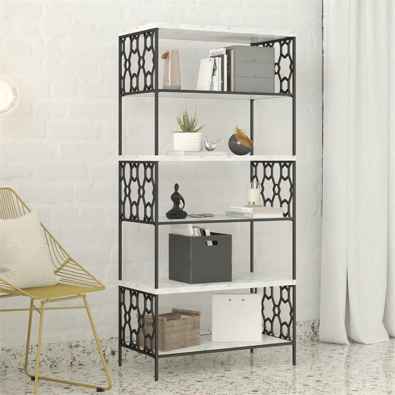 CosmoLiving by Cosmopolitan Ella 5 Shelf Bookcase in White Faux Marble/Black