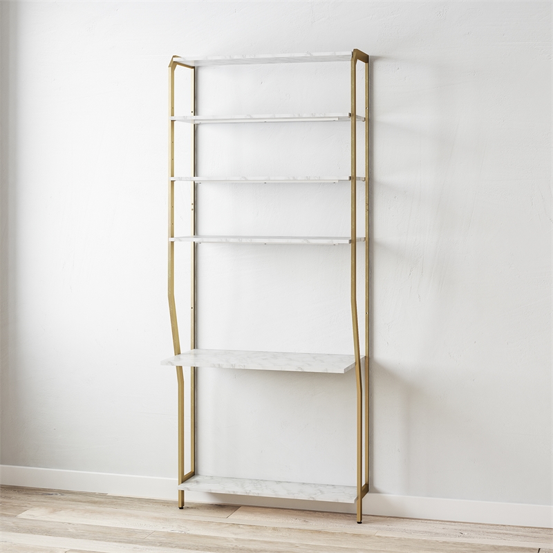 CosmoLiving by Cosmopolitan Gwyneth Closet Vanity in White Faux Marble & Bronze