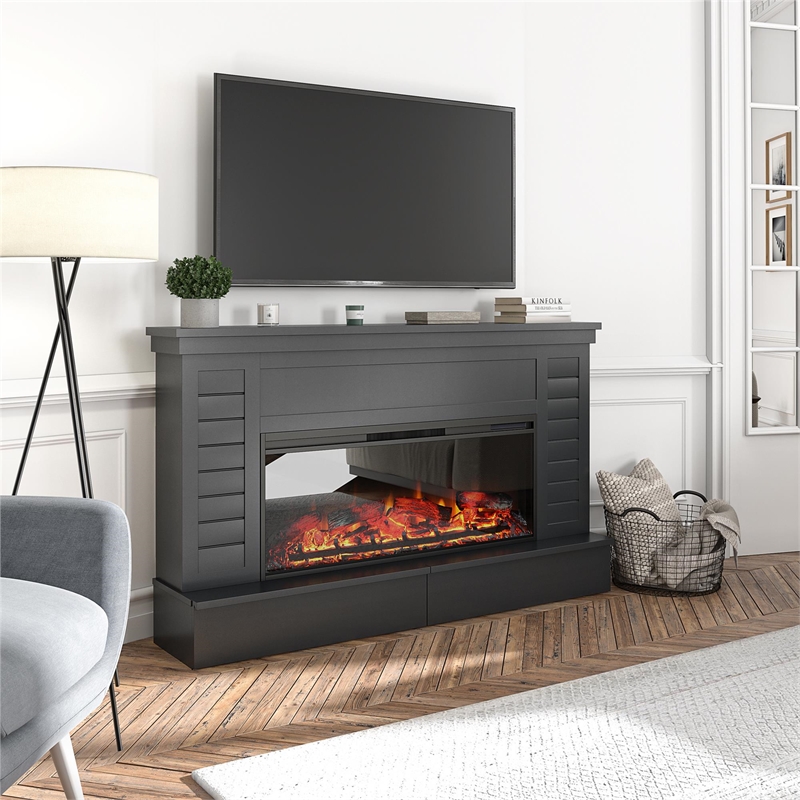 Ameriwood Home Hathaway Wide Shiplap Mantel w/Electric Fireplace in Black
