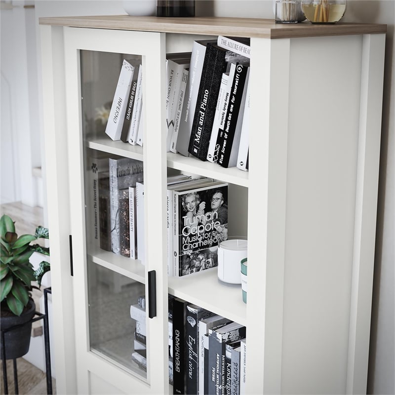Ameriwood Home Chapel Hill Rustic Farmhouse Bookcase Cabinet - White w/Brown Oak
