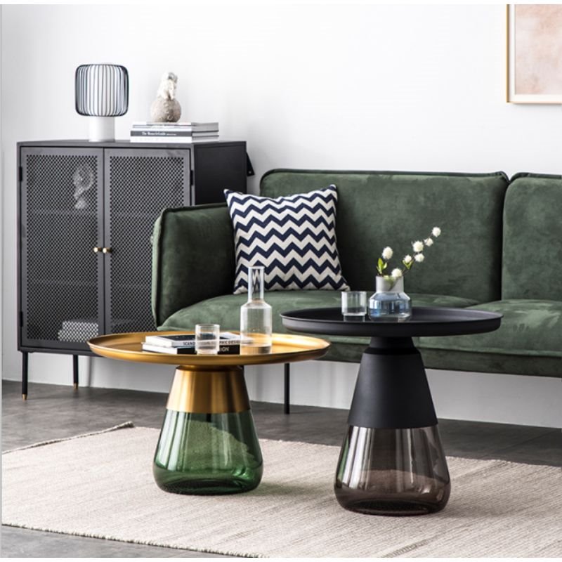 Mobital Duverre Modern Coffee Table with Antique Brass Top and Green Glass Base