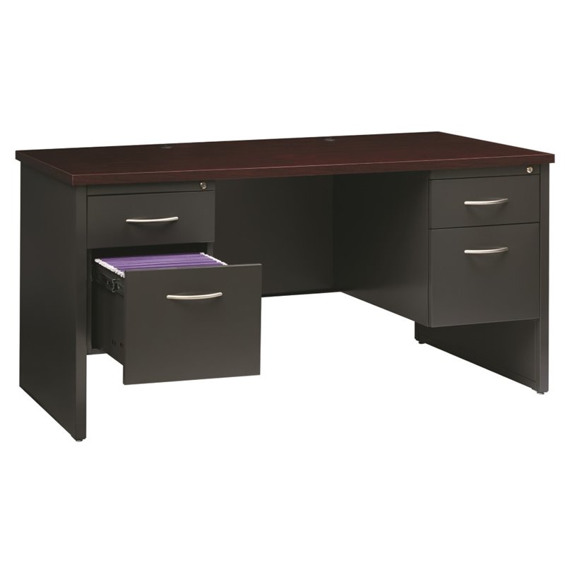 Hirsh 30D x 60W Double Pedestal Metal Desk Arch Pull Handles Charcoal/Mahogany