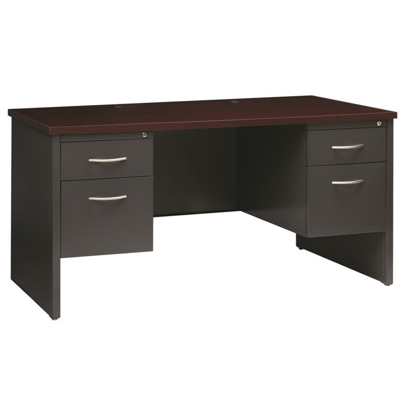 Hirsh 30D x 60W Double Pedestal Metal Desk Arch Pull Handles Charcoal/Mahogany