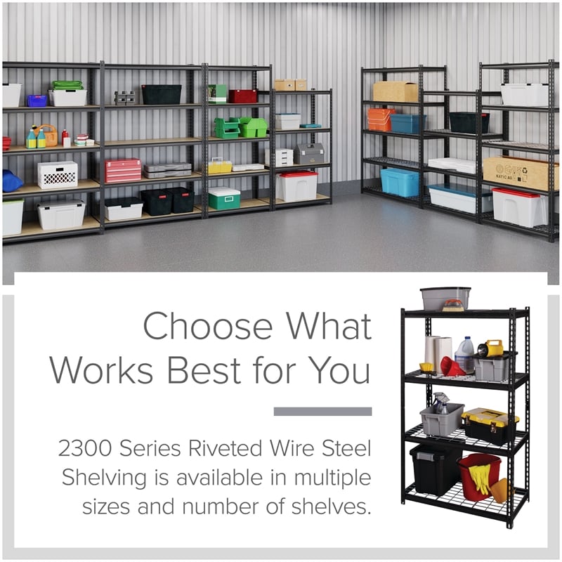 Hirsh 2300 Riveted Metal Wire Deck Shelving 4-Shelf Unit 18D x 36W x 60H Black