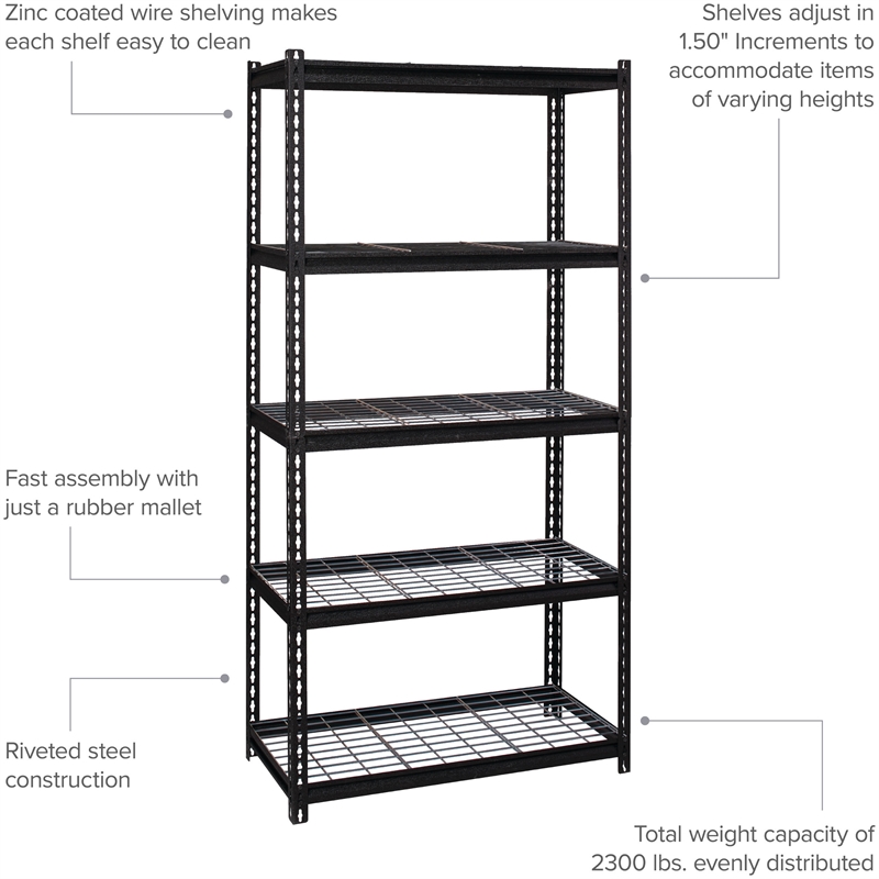 Iron Horse 2300 Riveted Wire Deck Metal Shelving 5-Shelf 18Dx36Wx72H Black