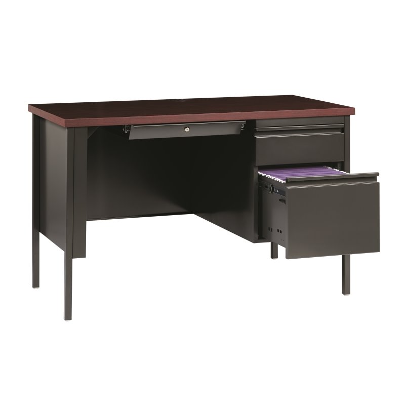 Hirsh 24x45 Right Hand Single Pedestal Metal Desk Charcoal/Mahogany
