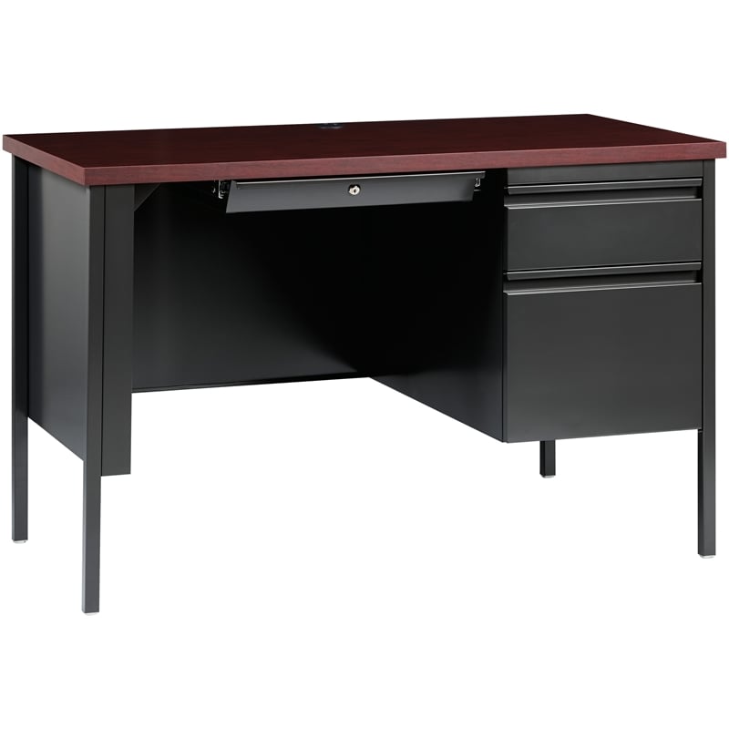 Hirsh 24x45 Right Hand Single Pedestal Metal Desk Charcoal/Mahogany