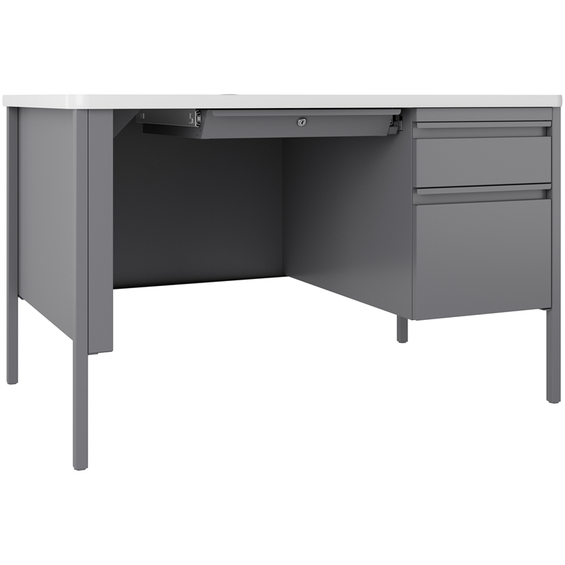 Hirsh 30x48 Right Hand Single Pedestal Metal Desk with T Top Silver/White