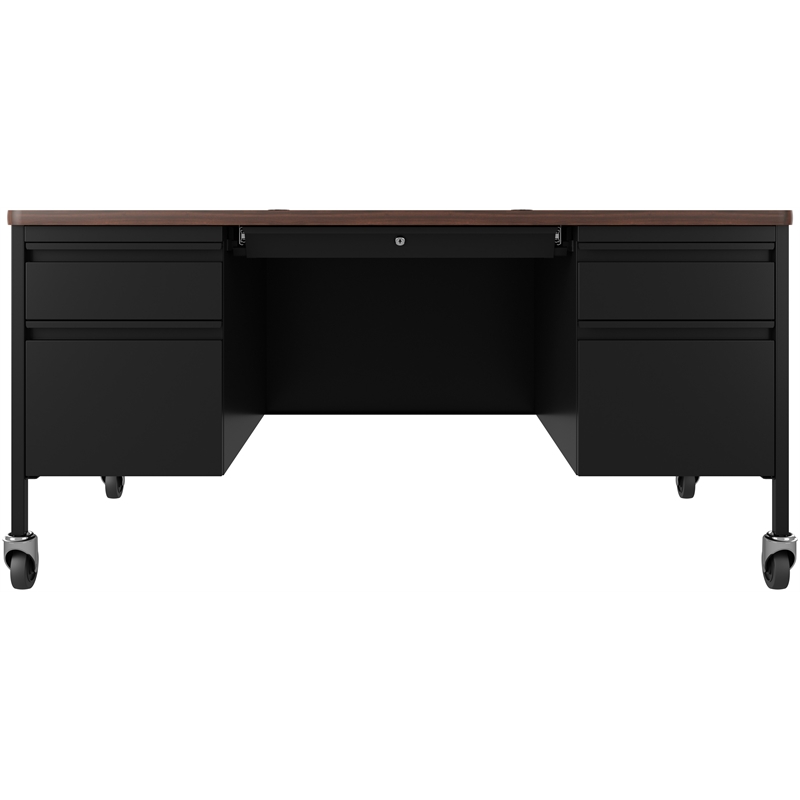Hirsh 30x60 Mobile Double Pedestal Metal Desk with T Top Black/Walnut