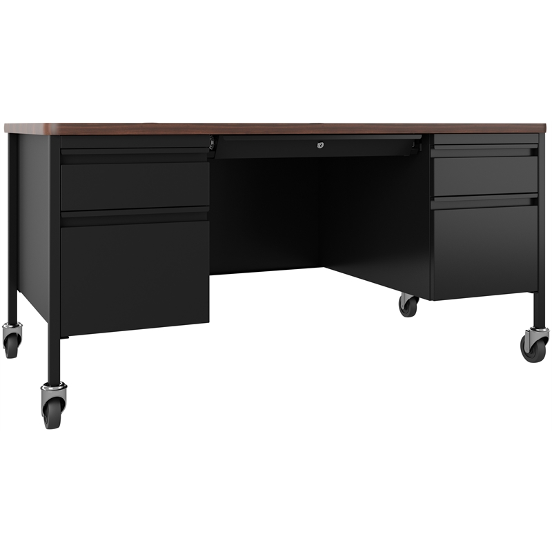 Hirsh 30x60 Mobile Double Pedestal Metal Desk with T Top Black/Walnut