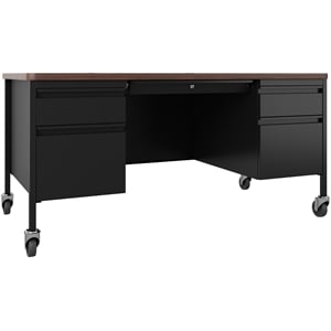 Hirsh 30x60 Mobile Double Pedestal Metal Desk with T Top Black/Walnut