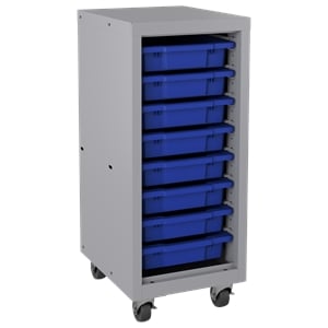 Space Solutions Mobile Bin Metal Tower with 8 3&quot tote bins 36x15x18 Silver/Blue