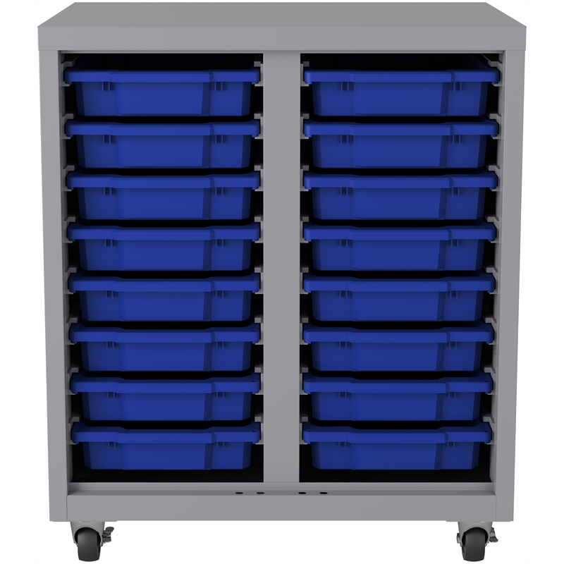 Mobile Metal Bin Storage Cabinet with 16 plastic tote bins Silver/Blue
