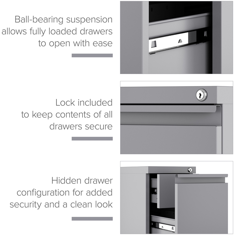 Hirsh 20-inch Deep Mobile Zip Pedestal 2-Drawer Box/File. Hidden Drawer. Silver