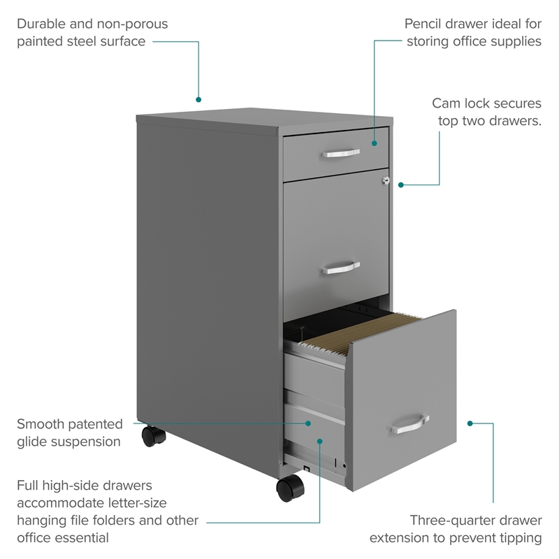 Space Solutions 3 Drawer Mobile Modern Metal File Cabinet in Artic Silver