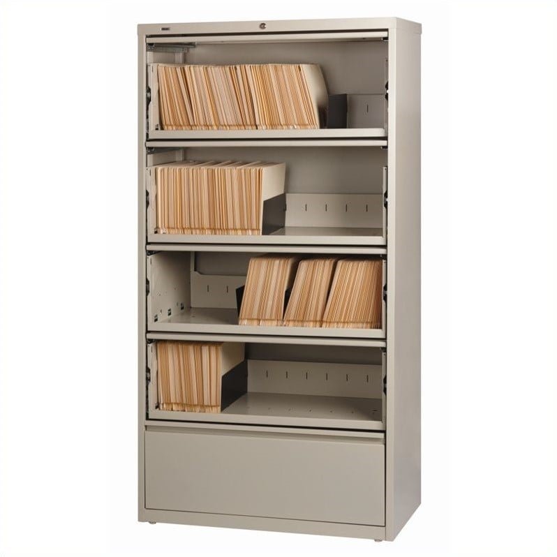 Hirsh 36-in Wide HL10000 5 Drawer Lateral File Cabinet. Roll-out Shelves. Beige