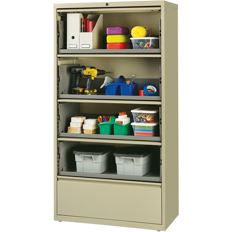 Hirsh 36-in Wide HL10000 5 Drawer Lateral File Cabinet. Roll-out Shelves. Beige