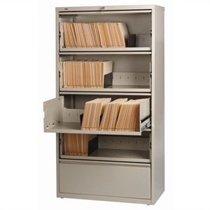 Hirsh 36-in Wide HL10000 5 Drawer Lateral File Cabinet. Roll-out Shelves. Beige