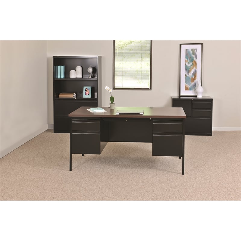 Hirsh Double Pedestal Metal Office Desk with Center Drawer Black/Walnut
