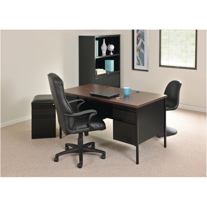 Hirsh Double Pedestal Metal Office Desk with Center Drawer Black/Walnut