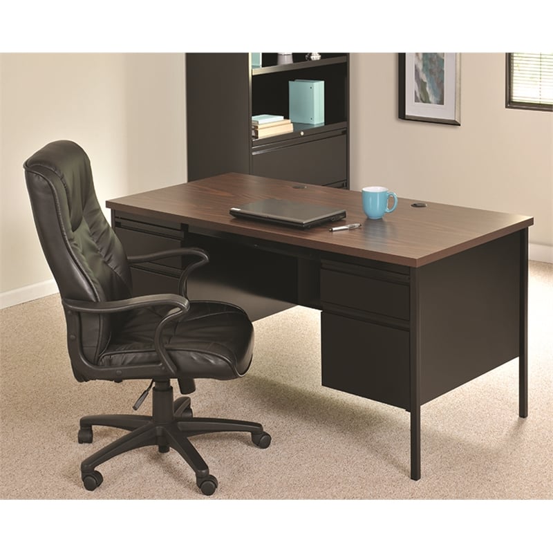 Hirsh 30D x 60W Double Pedestal Metal Desk Charcoal/Mahogany