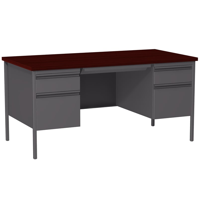 Hirsh 30D x 60W Double Pedestal Metal Desk Charcoal/Mahogany