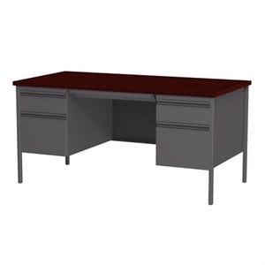 Hirsh 30D x 60W Double Pedestal Metal Desk Charcoal/Mahogany