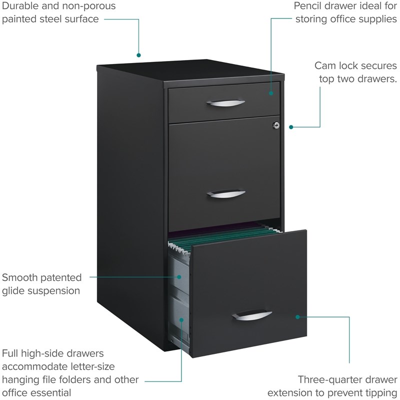 Space Solutions Contemporary 3 Drawer Metal File Cabinet in Charcoal