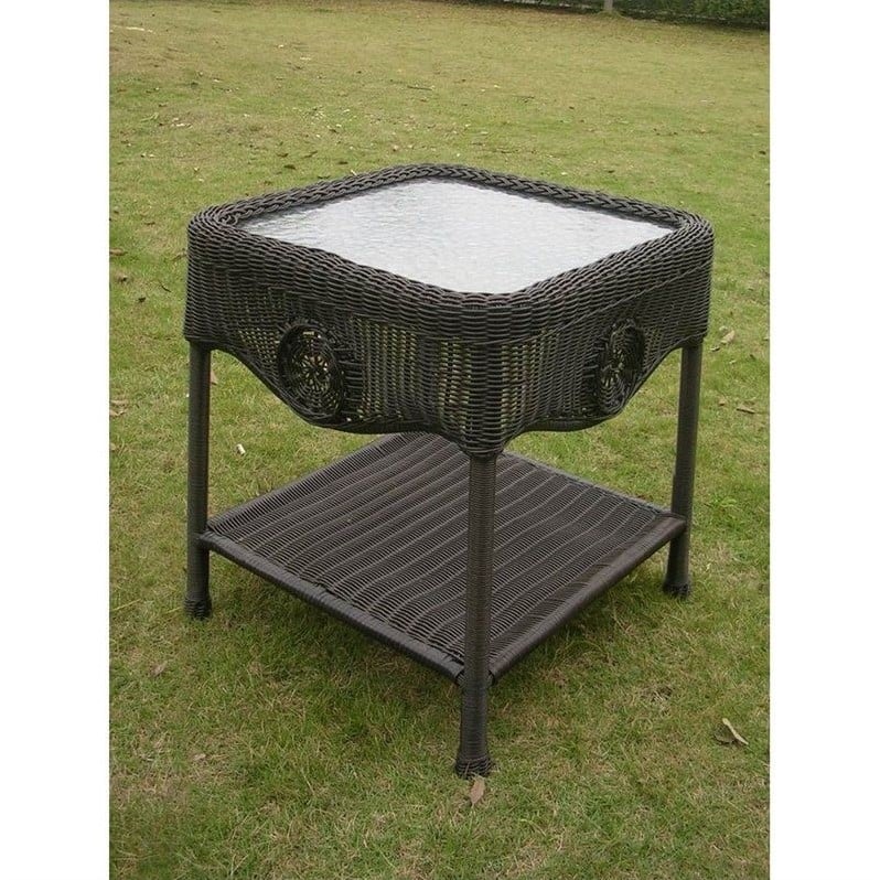 International Caravan Chelsea Glass Top Patio End Table in Black